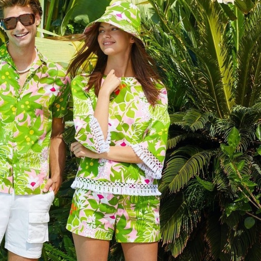 Womens Tropical Print Green & Pink Shorts